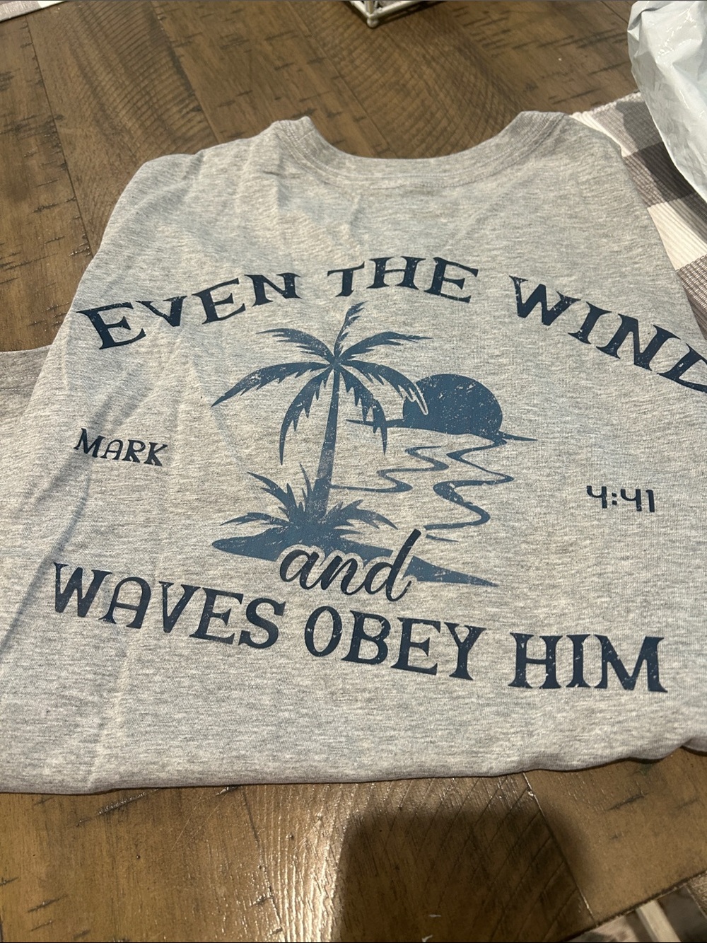 Light Gray Tee w/ Navy Palm Graphic and Script royal blue tee with gray graphic